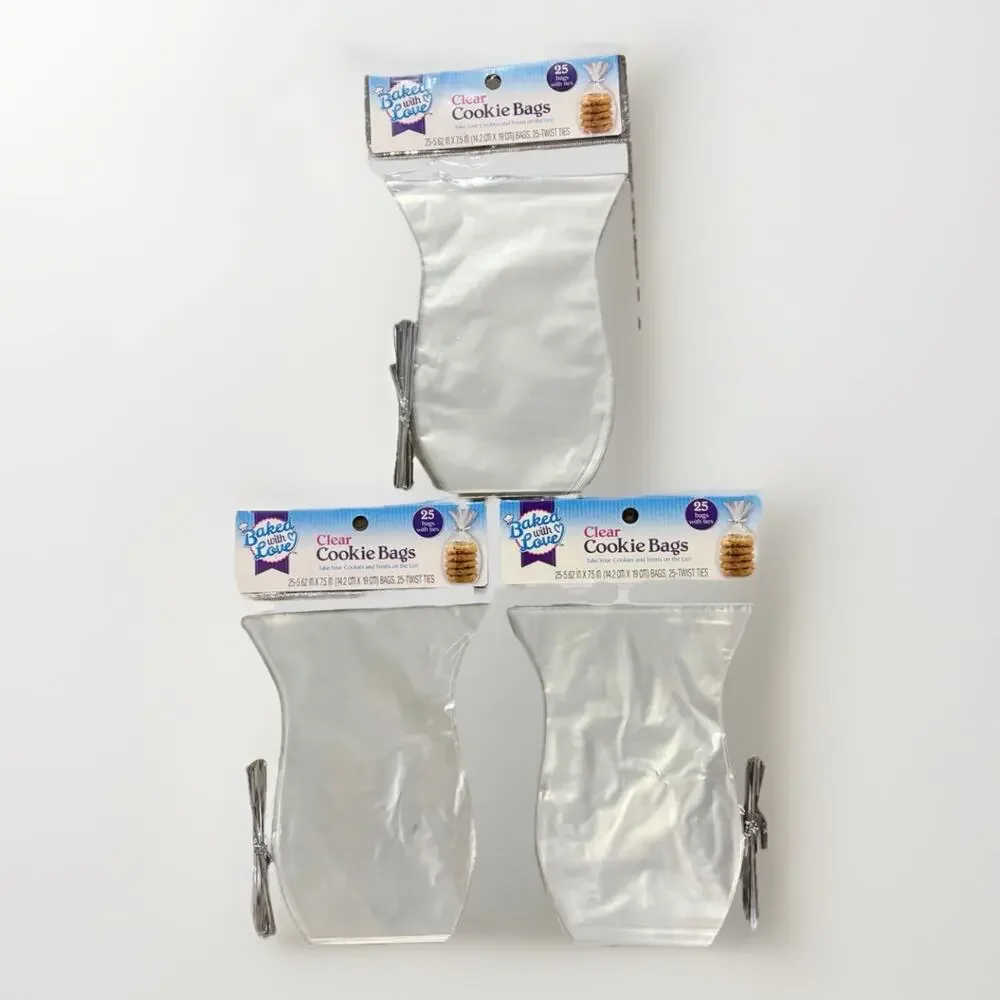75 Clear Treat Cookie Bags w/ Twist Ties Baked With Love Party Favor Bags 3 Pack